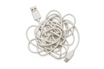 White usb data and charging cable forming a tangled, messy knot, symbolizing complex connections and disorganization