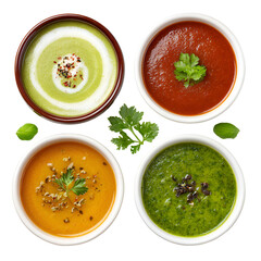 Four bowls of colorful and delicious gourmet soups arranged on a white background