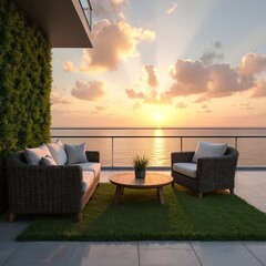 Fototapeta premium Patio overlooking ocean sunset. Modern exterior with outdoor furniture. Lounge area with sofa and armchair. Round table with plant. Green grass rug on the floor. Balcony view at sea.
