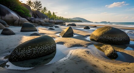 Coastal landscape with large boulders on sand at sunrise.