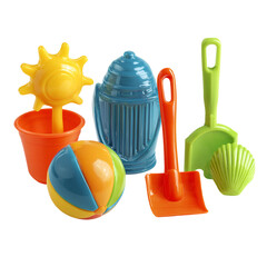 Colorful assortment of beach toys for children on a white background