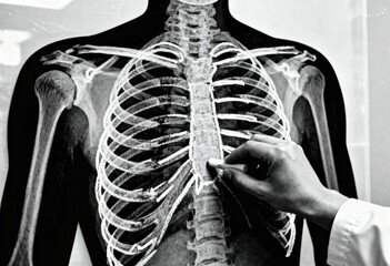 X ray skeleton illustration showing a doctor's hand marking with chalk health test