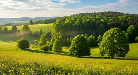 Lush green rolling hills and a meadow bloom with flowers under a sunny sky.