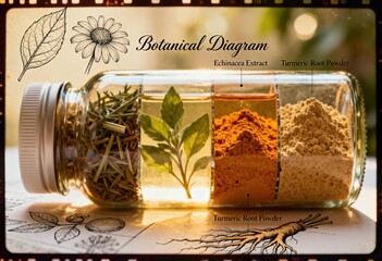 Botanical Diagram Displaying Medicinal Herbs and Powders in a Horizontal Glass Jar on an Illustrated Background with Echinacea and Turmeric