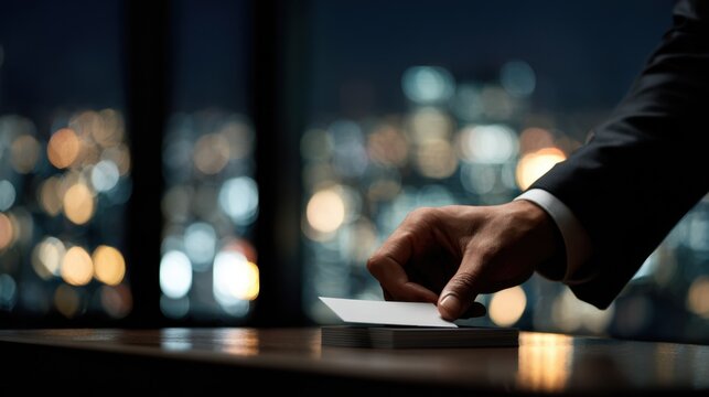 Business Card Exchange: A gesture of professionalism and connection unfolds as a person extends a crisp business card, set against the blurred cityscape backdrop.