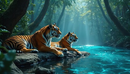 Two tigers rest on rocks by bright turquoise water in a lush jungle. Sunlight streams through dense green foliage creating dappled shadows on wild animals. Peaceful natural scenery.