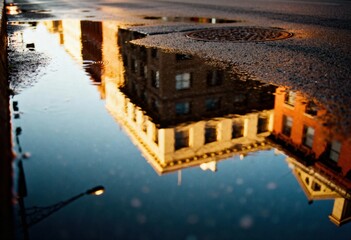 Cityscape Reflected in a Puddle on an Asphalt Road, Capturing Warm Light and Urban Details at Golden Hour
