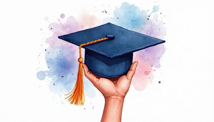 Hand holds graduation cap with orange tassel. Watercolor background shows achievement. Concept of education, academic success, graduation. Suitable for student invitation, diploma, ceremony