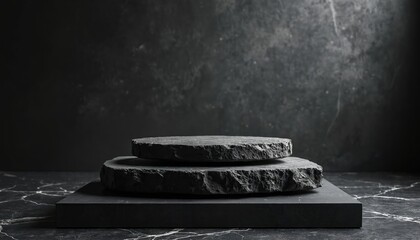 Stack of rough slate stones on dark marble surface. Rectangular block base supports round platforms. Minimalist display for product presentation. Textured natural material backdrop creates moody