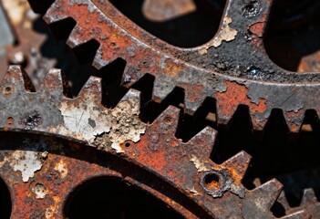 Close-up of severely rusted and corroded metal gears, showcasing intricate textures of decay and peeling paint on an old industrial machine.