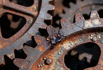 Extreme Close-up Revealing Intricate Textures and Deep Decay of Heavily Rusted Industrial Metal Gears, with Cracks and Dark Liquid