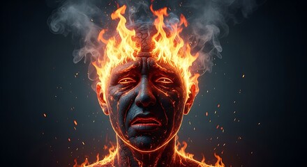 Face of agony consumed by inferno flames and smoke.