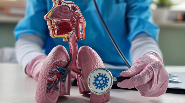 A doctor examines a model lung for signs of infection and viruses concept