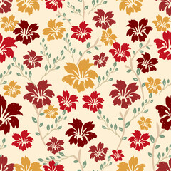 Vintage Floral Seamless Pattern with Red and Mustard Blossoms, Hand-Drawn Textured Flower Motifs and Soft Botanical Leaves on Cream Background, Elegant Repeating Design for Fabric, Wallpaper,