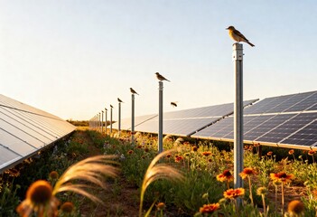 Birds Perched on Solar Panel Poles Amidst Wildflowers at Golden Hour, Highlighting Renewable Energy and Nature's Harmony.