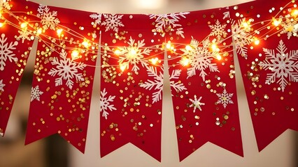 Red christmas banner with white snowflakes and golden glitter illuminated by string of fairy lights