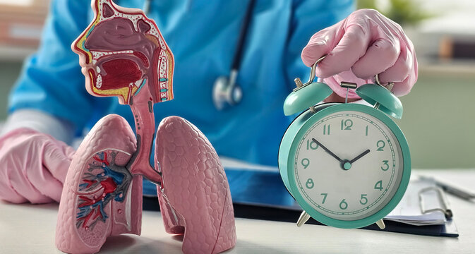 Cold flu and lung disease season lung anatomy and alarm clock in the hands of a doctor