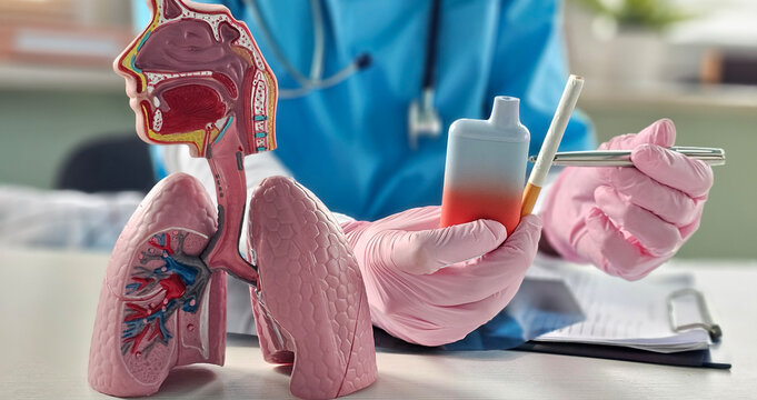 Doctor holds vape cigarettes and lung anatomy. Consequences of smoking electronic cigarettes vape