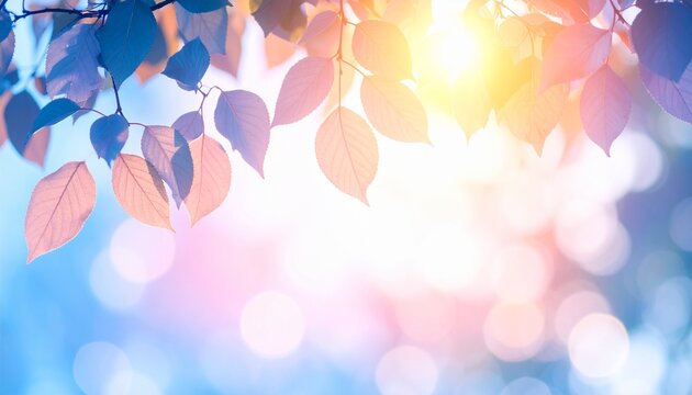 木漏れ日と葉が重なり合う幻想的なナチュラルボケ背景、爽やかで光輝くパステルトーンの自然イメージ、広告や季節デザインに使いやすい素材