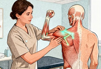 A Female Physiotherapist Illustrates and Examines a Male Patient's Detailed Muscular and Skeletal Anatomy with Glowing Energy Lines.