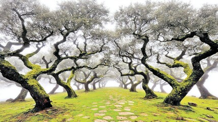 Misty Olive Tree Orchard Path in Foggy Landscape with Mossy Trees and Stone Pathway