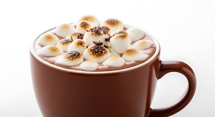 Brown mug filled with hot chocolate topped with toasted marshmallows and chocolate shavings.