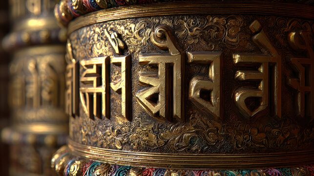 Ornate prayer wheel spiritual longevity golden metal embossed mantra cylinder in temple at close range