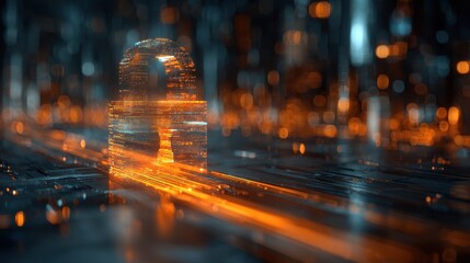 Abstract Digital Padlock Symbol Glowing Orange Lines and Dots in a Dark Environment Data Protection Concept