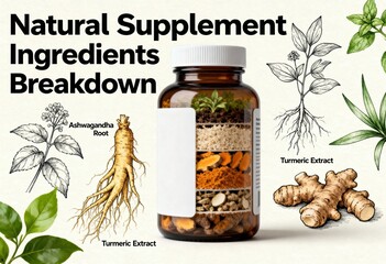 Visual breakdown of natural supplement ingredients, featuring a layered bottle with Ashwagandha root and Turmeric extract, highlighting botanical sources.