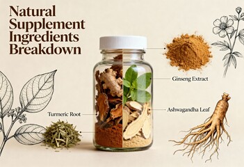 Visual Breakdown of Natural Supplement Ingredients Showcasing Turmeric Root, Ginseng Extract, and Ashwagandha Leaf with Botanical Illustrations