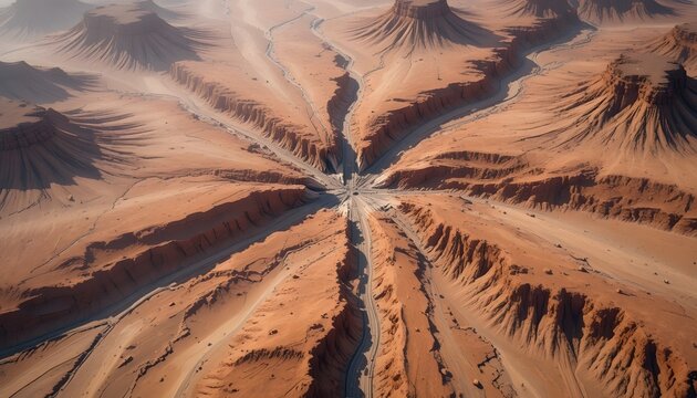 Aerial View of Radial Canyons in a Vast Arid Desert Landscape - Powered by Adobe