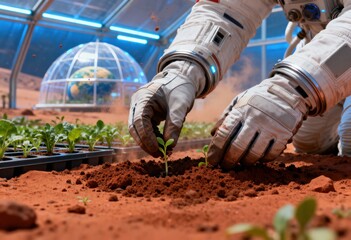 An astronaut in a spacesuit plants a delicate green seedling into red Martian soil within a futuristic, blue-lit biodome, pioneering extraterrestrial agriculture.