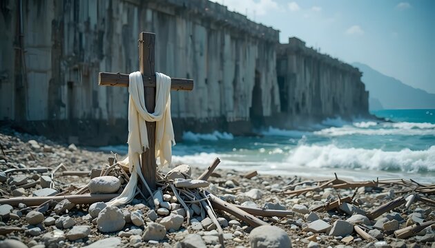 Symbolic Wooden Cross with White Cloth on a Desolate Seashore