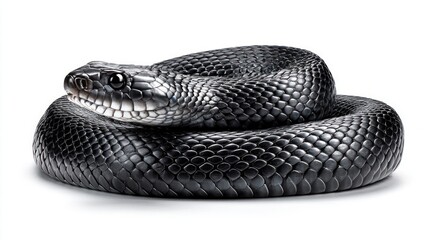Fototapeta premium Striking studio portrait of a black snake coiled on a clean white background