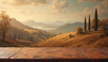 Naklejka premium Foreground rustic wooden table offers view of rolling hills, cypress trees, distant lake, hazy mountains under golden sky. Autumnal landscape provides warm, tranquil atmosphere for product placement.