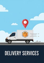 White truck with package icon drives under a location pin.