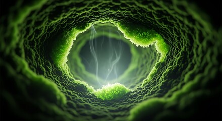 Organic tunnel with glowing light and swirling mist inside.