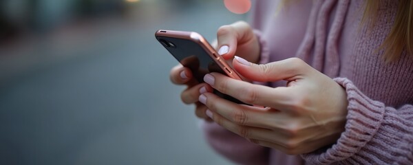 Woman holding smartphone in hands, typing on screen. Female person using mobile phone outdoors. Hands of young lady with smartphone device. Woman texting message on cellphone. Person holding mobile