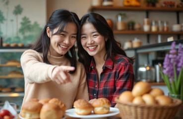 Two young asian women point at sweet pastries in a cafe. Friends smile, happily choose cakes and bread. Cozy atmosphere in small bakery shop.
