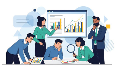 A group of diverse businesspeople engages in teamwork, working on a laptop and tablet during a corporate office meeting to ensure success