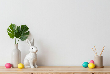White rabbit figurine sitting on top of a wooden shelf.