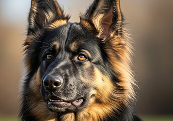 Majestic canine with alert gaze and richly colored fur looks intently forward.