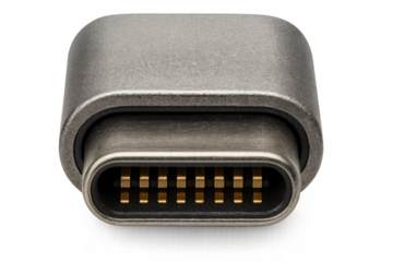 Usb-c connector showing golden pins for universal data transfer and power charging, transparent background