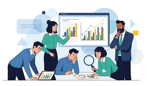 A group of diverse businesspeople engages in teamwork, working on a laptop and tablet during a corporate office meeting to ensure success