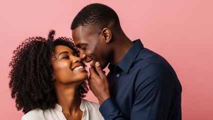 Smiling african american man and woman couple in love looking at each other, romantic relationship concept for Valentine’s Day.