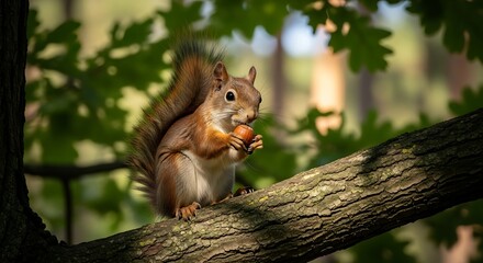 Red squirrel grips hazelnut on textured tree branch amidst green foliage.