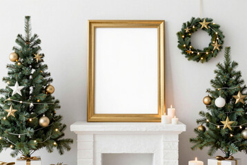 Fireplace mantle with two Christmas trees and a gold frame.