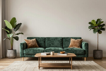 Living room with a green couch and two potted plants