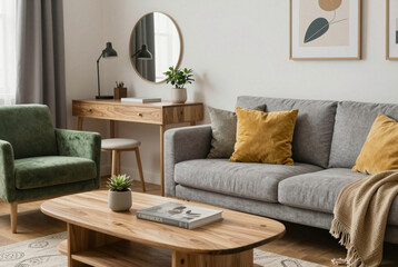 Living room filled with furniture and a round mirror.