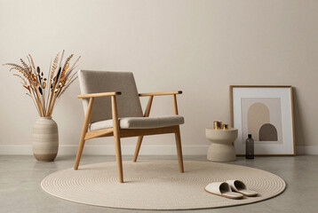 Chair sits on a round rug in a room.